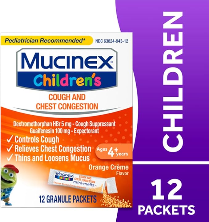 Mucinex Children's Chest Congestion Expectorant and Cough Suppressant Mini-Melts, Orange Cream, 12 Count (Packaging May Vary)