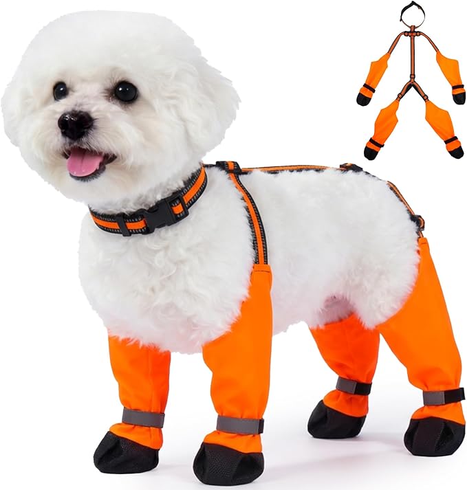 XS Orange Stay-On Suspender Dog Boots | Anti-Slip Waterproof | Adjustable Dog Shoes Paw Protector for Small/Medium Dogs Outdoor Walking Hiking Hot Pavement Winter Snow