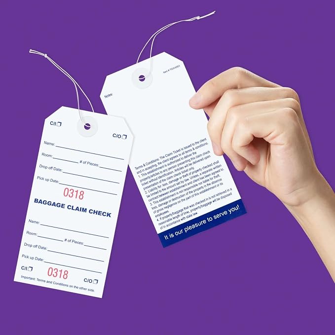 1000 Baggage Claim Check Tags with Red Consecutive Numbering. Elastic Strings Attached to Each tag with Reinforced Eyelet Around Hole Prevents Tearing. Size: 5 1/4" (Height) x 2 5/8" (Width)