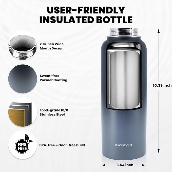RAYMYLO Insulated Water Bottle 40 oz, Triple Wall Vacuum Stainless Steel (Cold for 36Hrs, Hot for 18Hrs), Leak Proof & Non-BPA, Modern Water Flask Jug with Paracord Handle & Straw Spout Lids