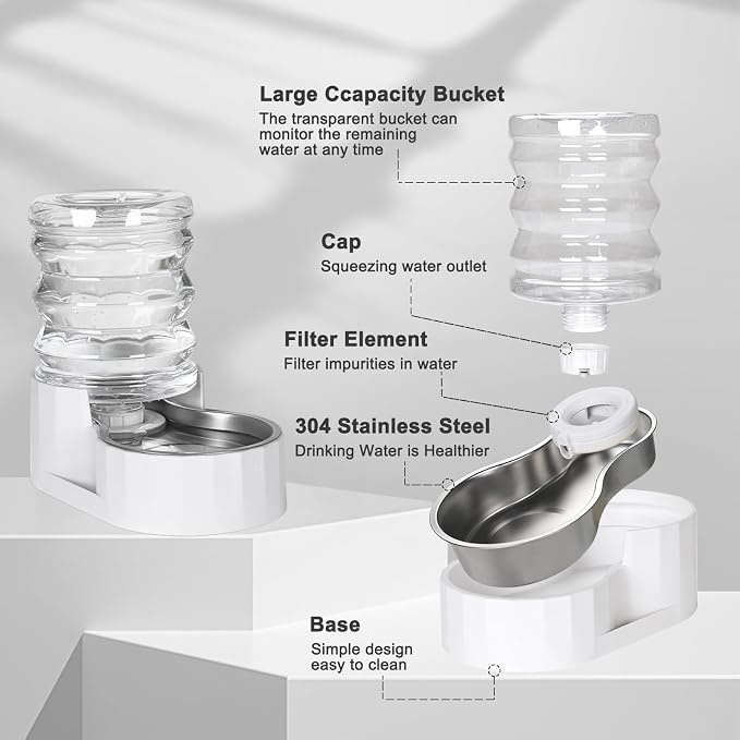 RIZZARI 5L Stainless Steel Gravity Cat Water Bowl Dispenser | BPA-Free Materials,Fresh Water Every Day,Smooth Water Flow,Detachable Components,Suitable for Indoor Use