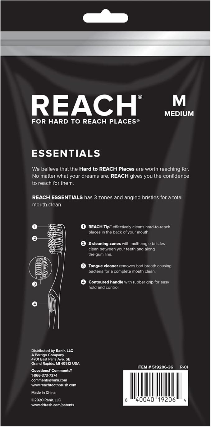 Reach Essentials Toothbrush with Toothbrush Covers, Multi-Angled Medium Bristles, Contoured Handle, Tongue Scraper, 6 Count