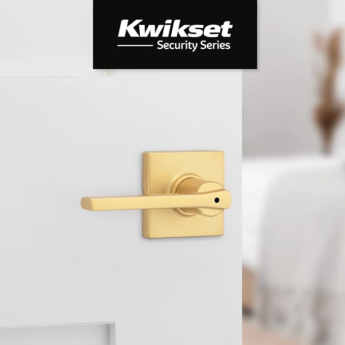 Kwikset Casey Interior Square Privacy Door Handle with Lock, Door Lever for Bathroom and Bedroom, Satin Brass, Reversible Keyless Push Button Lock Door Lever, 4 Pack