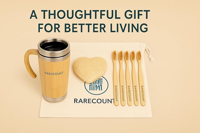 Eco Friendly Bamboo Coffee Tumbler Gift Set - Reusable Travel Mug with Lid, Insulated Stainless Steel Cup, Loofah Sponge & 5 Bamboo Toothbrushes, Sustainable Zero Waste Kit