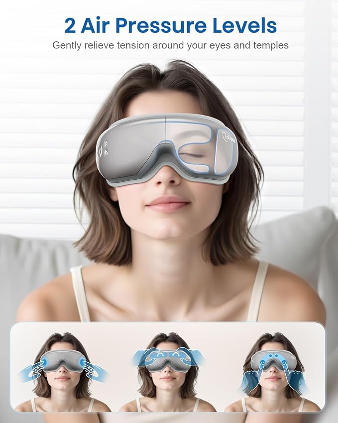 cotsoco Eye Massager with Heat, Remote, and Compression, Adjustable Foldable Sleep Mask for Relaxing Eyes and Better Sleep, Migraine Relief Device, Birthday Gifts for Women Men Her Him-Gray