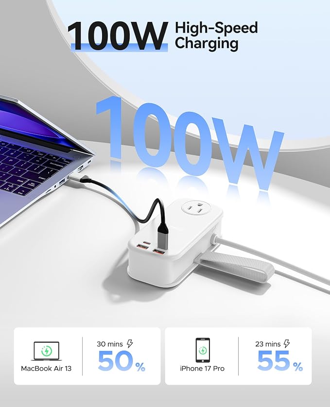ORICO 100W GaN Power Strip for Laptop, 6 in 1 Multiple Outlets Extension Cord(2 AC Outlets, 2 USB-A, 2 USB-C Ports), 5ft Wrapped Flat Plug for Travel/Office ETL Listed