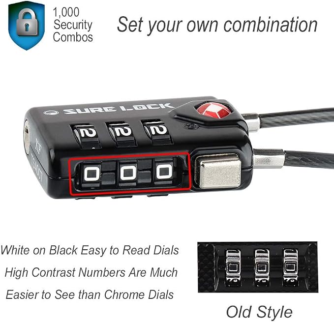 SURE LOCK TSA Approved Luggage Locks with Open Alert Indicator, 3 Digit Combination Cable Travel Lock for Suitcase, Backpack, Gym Locker, Toolbox & Travel Bag(Black 6 Pack