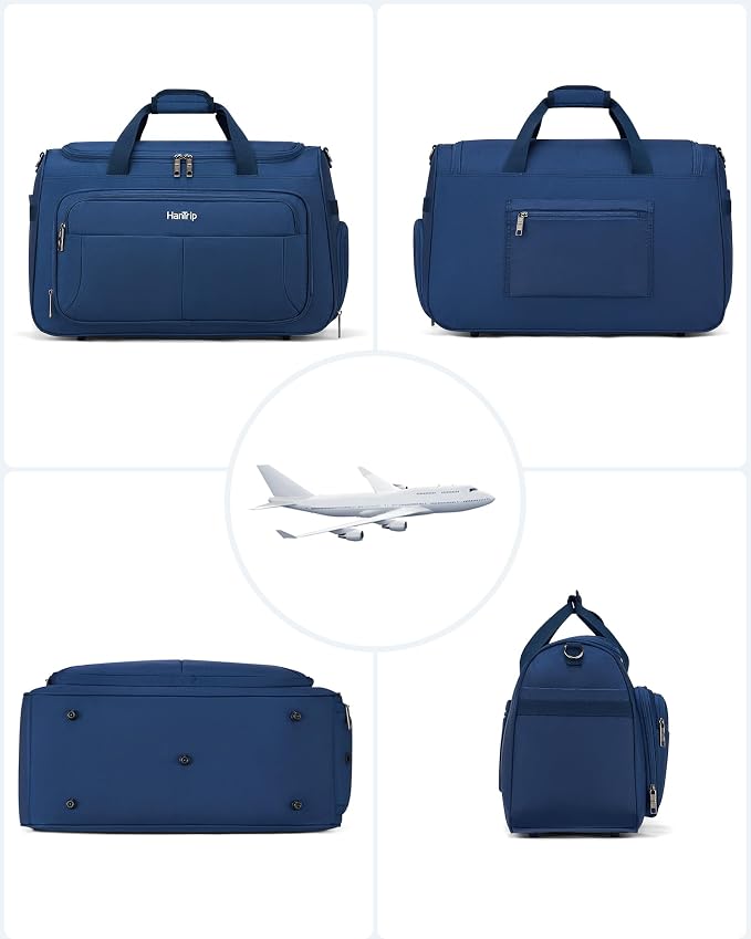 HanTrip Carry on Duffel Bag Foldable Duffle Bags for Travel, Large Personal Item Bags for Airplanes, Weekender Overnight Mens Travel Tote Bag for Women Softside Carry on Luggage (Blue)