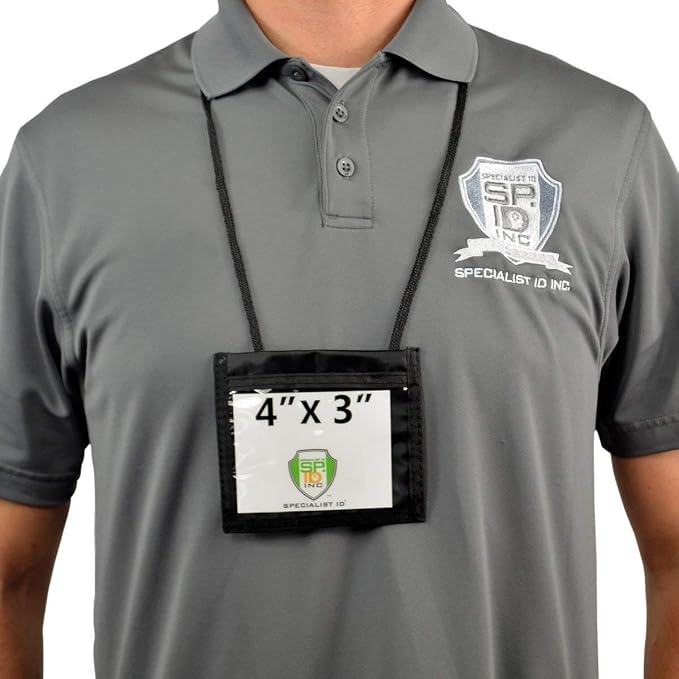 5 Pack - Nylon Neck Wallet Badge Holder with Lanyard - 4 X 3 Credential & Travel Badge Holder with 3 Pockets - Clear Plastic 4X3 Horizontal Window, Zipper Pouch + by Specialist ID