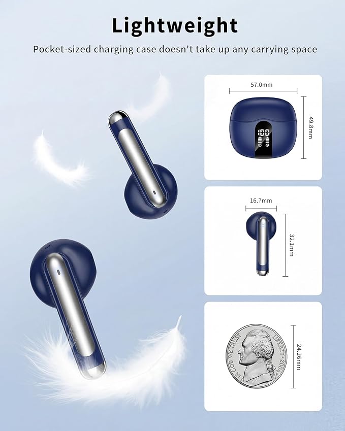 Wireless Earbuds, 2026 Bluetooth 5.4 Headphones Bass Stereo Ear Buds with Noise Cancelling Mic, LED Display in Ear Earphones 50H Playtime Ear Buds, IP7 Waterproof for Laptop Pad Phones Pure Blue