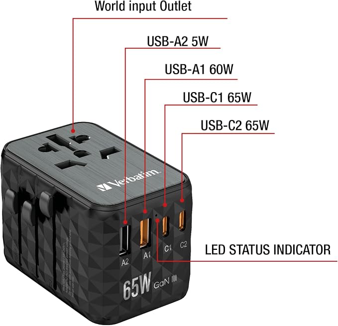 Verbatim UTA-05 GaN III 65W Universal Travel Adapter
