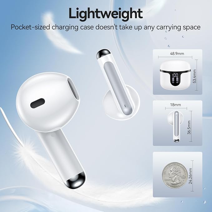 Wireless Earbuds, Bluetooth 5.4 Headphones HiFi Stereo with 4 HD Mic, 50H Playtime Bluetooth Earbuds with Dual LED Display, IPX7 Waterproof Wireless Earphones, Touch Control Ear Buds,USB-C,White