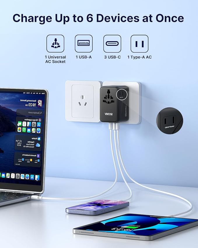 VINTAR 140W GaN Universal Travel Adapter, 6-in-1 International Power Adapter with 2AC, 3 USB-C PD & 1 USB-A QC, All-in-One Charger Compatible with EU/UK/US/AU for Laptops, Tablets, Phones, Cameras