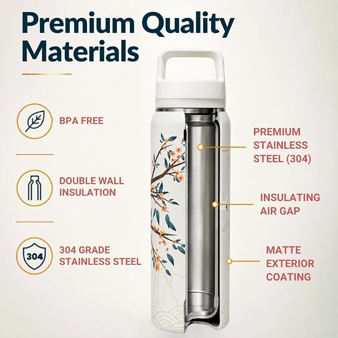 Farasi Tea Infuser Bottle for Loose Leaf Tea Insulated Stainless Steel Water Bottle Tumbler - Coffee, Fruit, Portable Infuser Bottle - Leakproof Built In Handle White Floral 24 oz