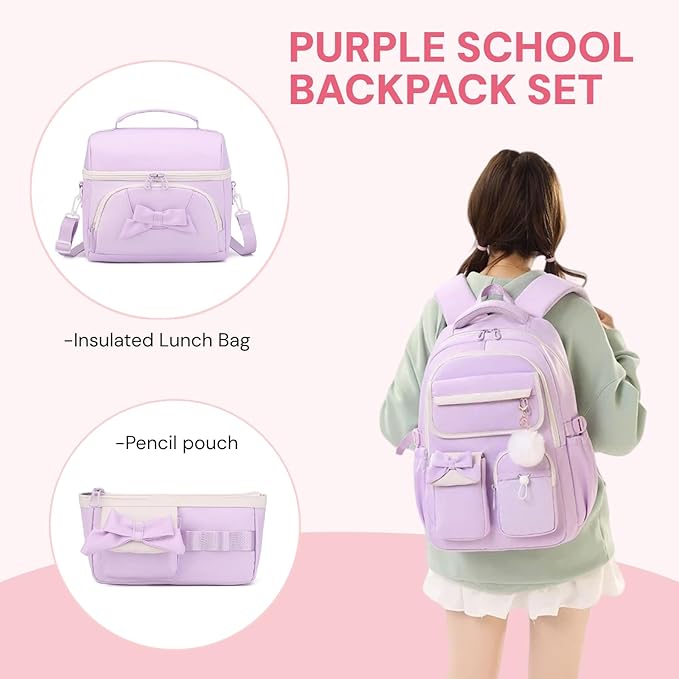 Girls School Backpack with Lunch Box Pencil Case Set, Cute Middle School Bag Teen Girls Backpack Bookbag for Kids, 3pcs Purple