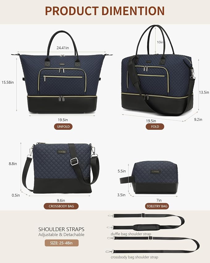 Weekender Bags for Women Travel, Under Seat Carry On Bags for Airplanes Overnight Bag with Shoe Compartment Luggage Sleeve, Foldie Travel Tote Bag Hospital Bag, Travel Gifts, Navy Black
