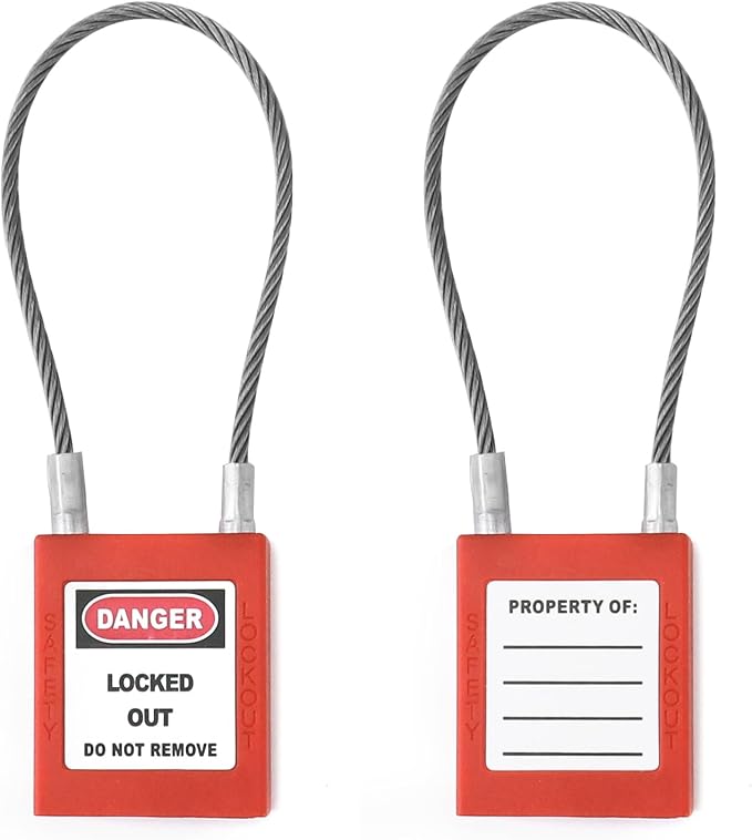 QWORK Lockout Tagout Steel Cable Locks, 10 Pack Compact Cable Padlock with 20 Keys, Red Keyed Different Electrical Lockout Padlock Set