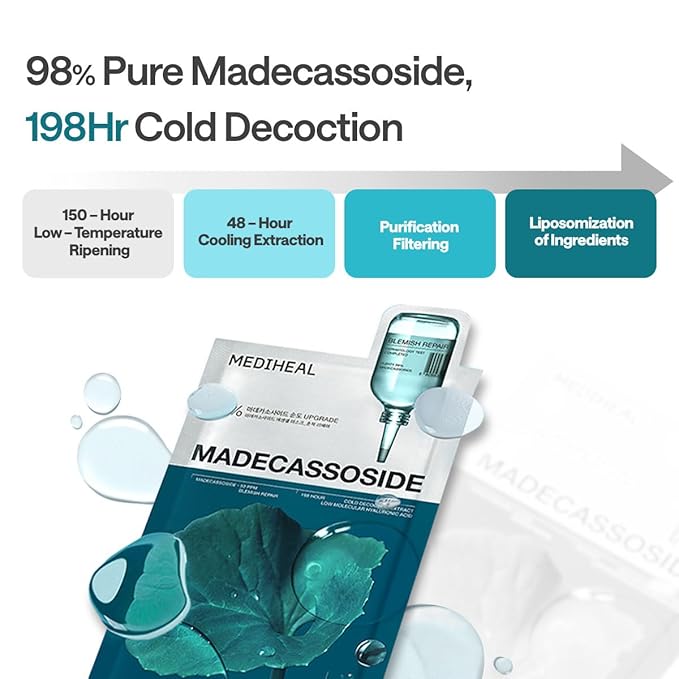 Mediheal Essential Face Mask [Madecassoside] Blemish Repair 4 pcs. with 98% Purity Madecassoside & Hyaluronic Acid - Soothing Care, Hydrating- Travel Essentials, Vegan Formula Korean Sheet Mask