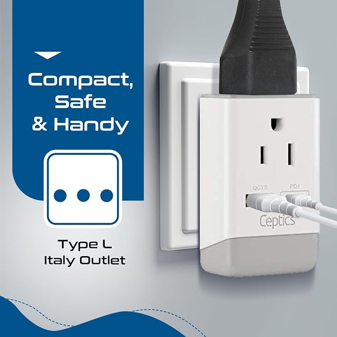 Ceptics Italy Travel Adapter, QC 3.0 & PD, Safe Dual USB & USB-C - 2 USA Socket Compact & Powerful - Use in Uruguay, Libya, Syria, Tunisia, Chile - Type L AP-12 - Fast Charging (AP-12A)