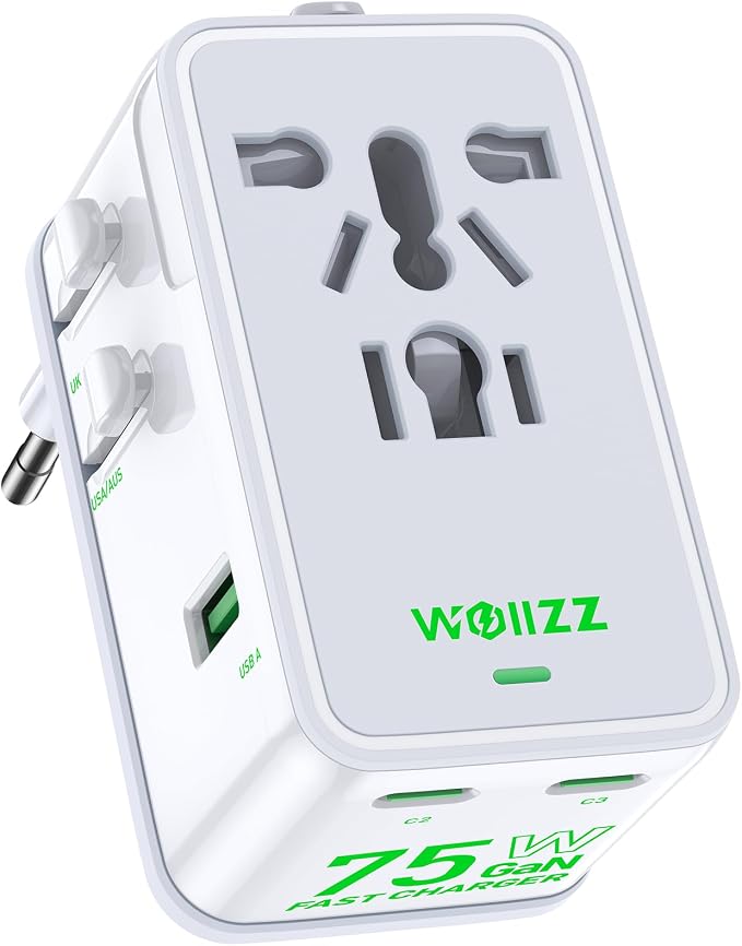 75W Travel Adapter, GaN Fast Charging European Power Universal Adapter with 5 Ports (1 AC, 1 USB-A, and 3 USB-C), Plug Adapter with Smart Chip for Over 200 Countries, PD&QC Charger, White