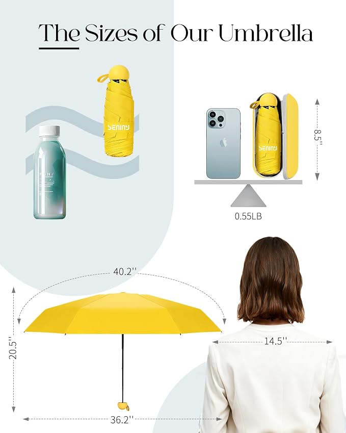 Seniny Mini Portable Travel Umbrella with Case - Compact Umbrellas for Rain & Sun UV Protection for Backpack Pocket, Lightweight Folding Small Umbrella, Tiny Purse Size UV Blocker for Kids Women Girls