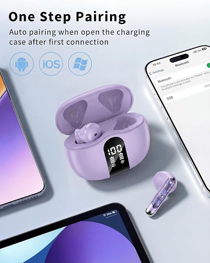 Wireless Earbuds, 2026 Bluetooth 5.4 Headphones Bass Stereo Ear Buds with Noise Cancelling Mic, LED Display in Ear Earphones 50H Playtime Ear Buds, IP7 Waterproof for Laptop Pad Phones Pure Purple