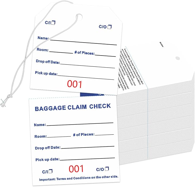 500 Baggage Claim Check Tags with Transfer Tape on Back, Hotel Luggage ID Tags Luggage Tag Bulk with White String, Baggage Identification for Hotel Suitcase Motel Bag