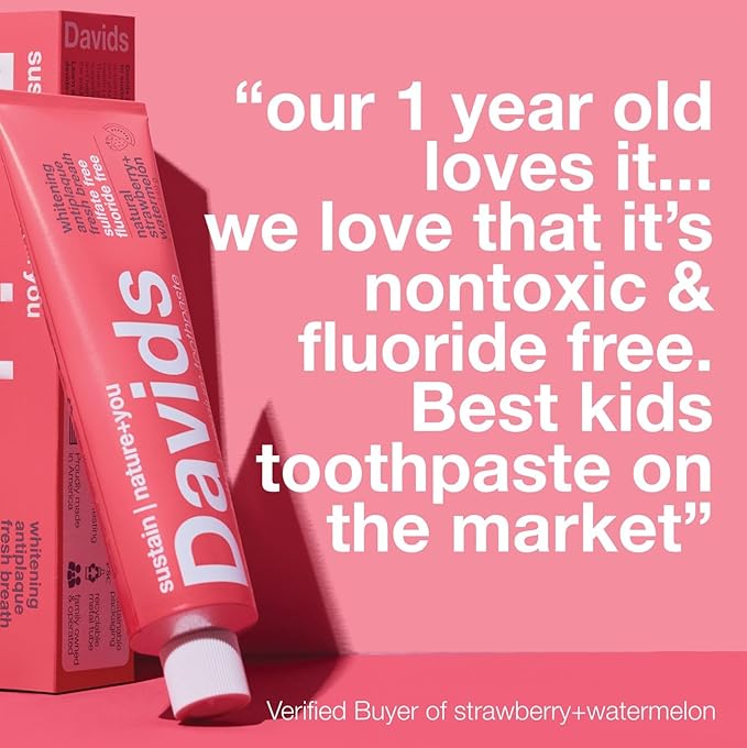 Davids Fluoride Free Kids & Adults Toothpaste, Teeth Whitening, Antiplaque, SLS (Sulfate) Free, Promotes Enamel Health, Mouth & Gum Detox, Natural Strawberry Watermelon, 5.25oz