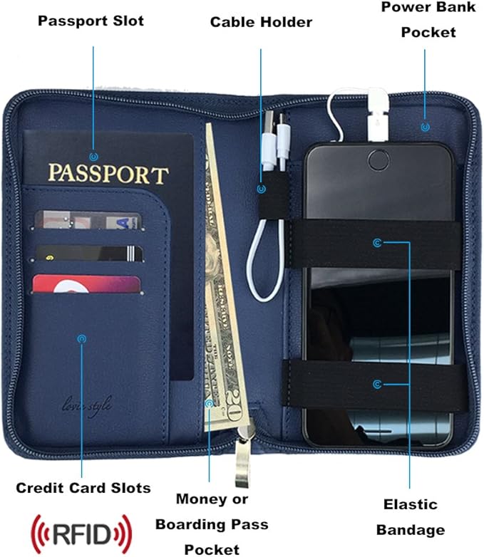 Phone Charging Passport Holder - Travel Wallet with Removable Power Bank holds money, cards, phone, travel docs- RFID Blocking - Compatible with All Phones - Travel Accessories
