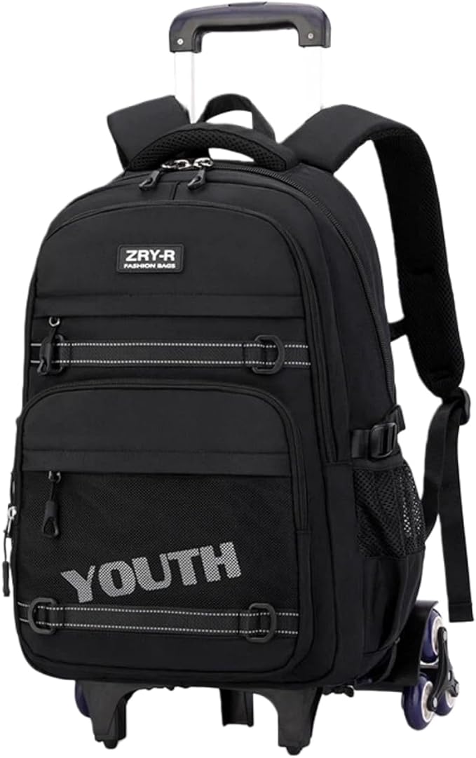 EKUIZAI Kids Rolling Wheeled Backpack for Boys Girls Roller Middle School Backpack with Wheels Rolling Bookbag Trolley Bag for Kids，6 Wheels Black
