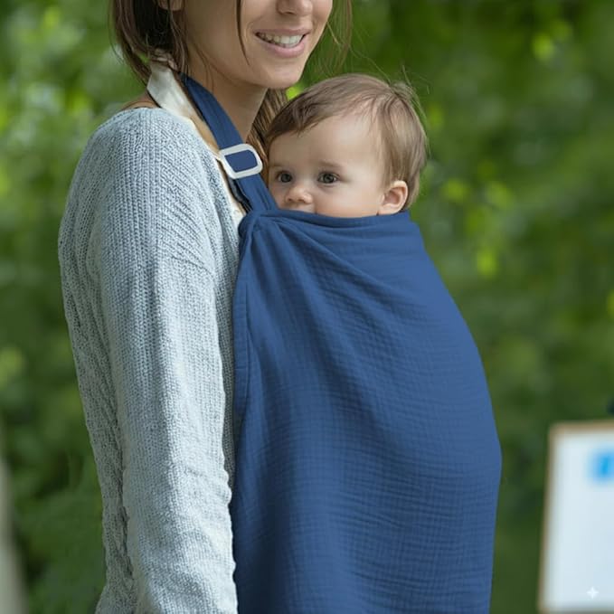 Muslin Nursing Covers for Breastfeeding, Arch Neckline Breast Feeding Covers for Women, Moms Privacy Breathable Summer Nursing Apron, Enlarged XL Size Soft Feeding Cover (Misty Blue)