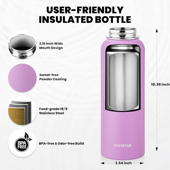 RAYMYLO Insulated Water Bottle 40 oz, Triple Wall Vacuum Stainless Steel (Cold for 36Hrs, Hot for 18Hrs), Leak Proof & Non-BPA, Modern Water Flask Jug with Paracord Handle & Straw Spout Lids