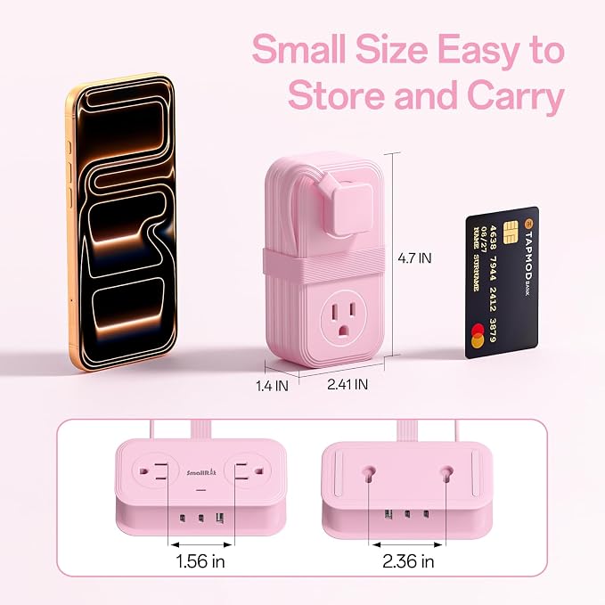 Travel Power Strip, SMALLRT 2 Pcs Extension Cord with Multiple Outlets, 3.3FT Wrapped Extension Flat Plug Power Strip with 4 AC Outlets for Travel, Hotel, Cruise Approved, No Surge Protection, Pink