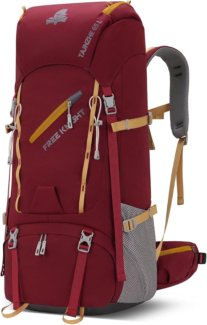 Bseash 65L Waterproof Hiking Camping Backpack with Rain Cover, Outdoor Sport Travel Daypack for Climbing Touring (Wine Red)