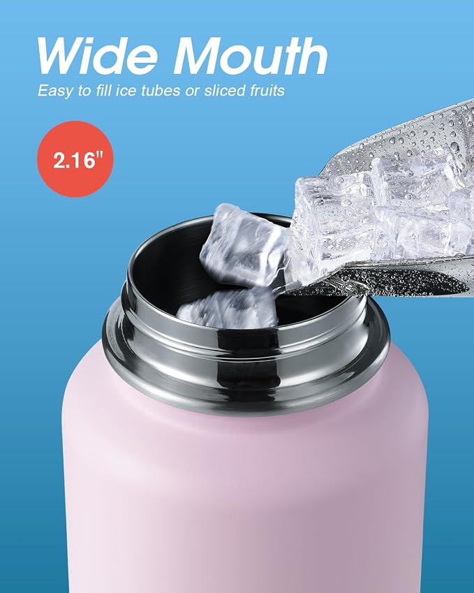Coolflask Water Bottle 40 oz Insulated with Straw, Stainless Steel Metal 3 Lids Water Flask for Sports or Office, Keep Cold 48H Hot 24H, Pink