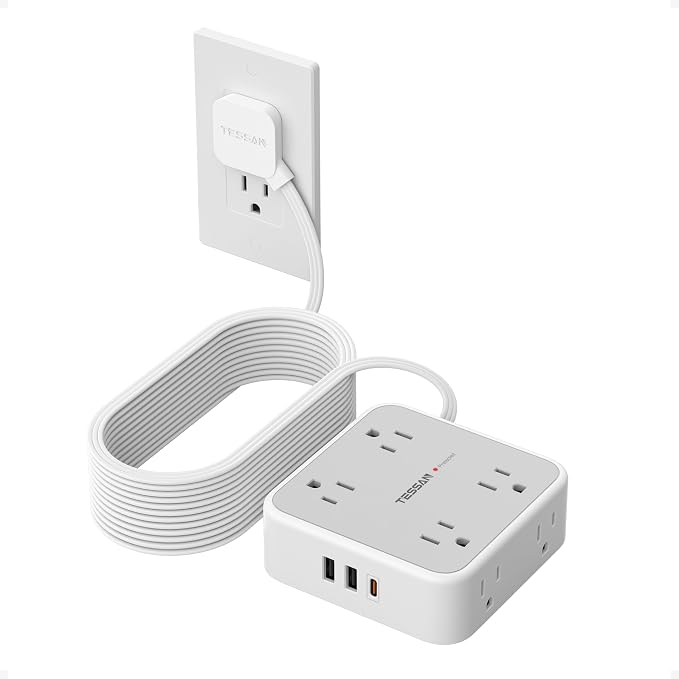 TESSAN Surge Protector Power Strip, 25 Ft Flat Plug Extension Cord with 3 USB (1 USB C 20W PD) 8 Outlets, 1250W, 900J Protection, 3 Sided Outlet Extender with Power Switch for Office, Dorm Room, Grey