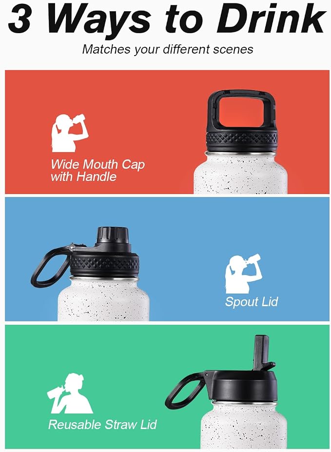 Coolflask Water Bottle 40 oz Insulated with Straw, Stainless Steel Metal 3 Lids Water Flask for Sports or Office, Keep Cold 48H Hot 24H, Arctic White