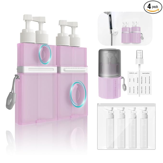 YOTIME 4 in 1 Travel Dispenser Bottle, Vacuum Silicone Suction Cup for Smooth Walls, TSA Approved Leak Proof Travel Size Containers for Hotel, Swimming, Gym, Camping, Pink