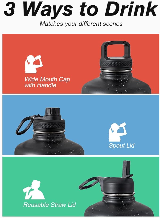 Coolflask 128 oz Gallon Water Bottle Insulated with Straw&3 Lids, Water Jug Large Stainless Steel Metal Vacuum Wide Mouth for Sports, Gym or Office, Non-BPA Keep Cold 48H Hot 24H, Starry Night