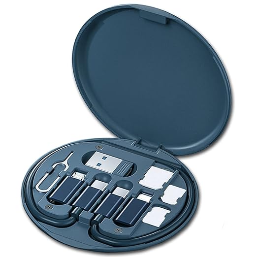 Multi USB Charging Adapter Cable Kit, USB C to iOS Device Adapter Box, Conversion Set A & Type C to Male Micro /Type C/iOS Device, Data Transfer, Card Storage, Tray Eject Pin, Phone Holder (blue)