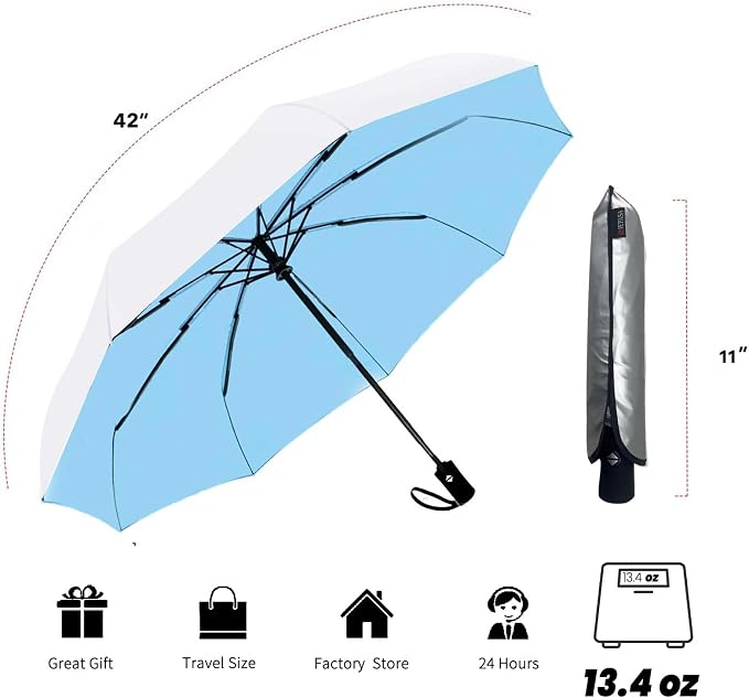 SIEPASA Compact Travel Umbrella - Windproof Auto Open/Close, Small Folding Umbrella for Rain & Sun with UPF50+ - Lightweight Frame, Waterproof - Fits Backpack, Purse, Suitcase.(Silver/Blue)