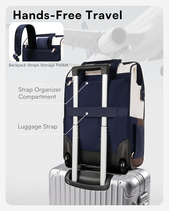 Rolling Backpack for Women, Travel Backpack with Wheels, Vertical Storage Wheeled Laptop Backpack, Backpack on Wheels for College Business Work Overnight, Stylish Rolling Laptop Bag, Navy Blue