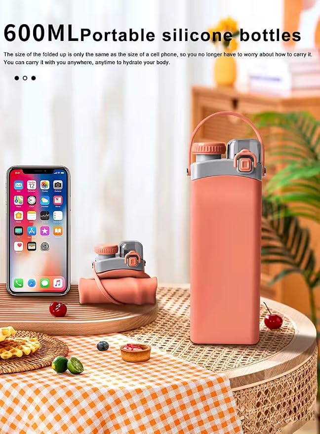 Collapsible Silicone Water Bottle || 600 ML Folding Water Bottle With Straw And Hook || Portable Water Bottle For Hiking, Camping, Sports, Road Trips, Outdoor (Pack Of 1) (Sky Blue)