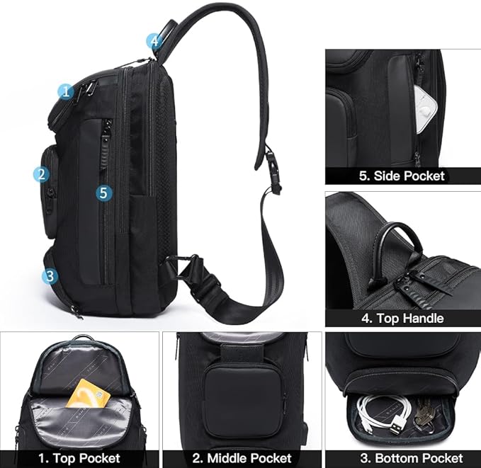 BANGE Sling Bag with USB Charging Port, Waterproof Crossbody Backpack, Lightweight Shoulder Bag Daypack for Travel Work Hiking