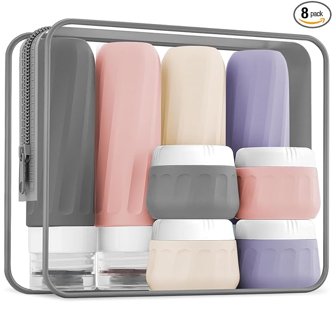 Mrsdry Travel Bottles for Toiletries 8 Pack, Travel Size Toiletries, Tsa Approved Travel Size Containers 3oz, with Travel Essentials Clear Bag, Leak Proof Silicone Squeezable Creams Jars