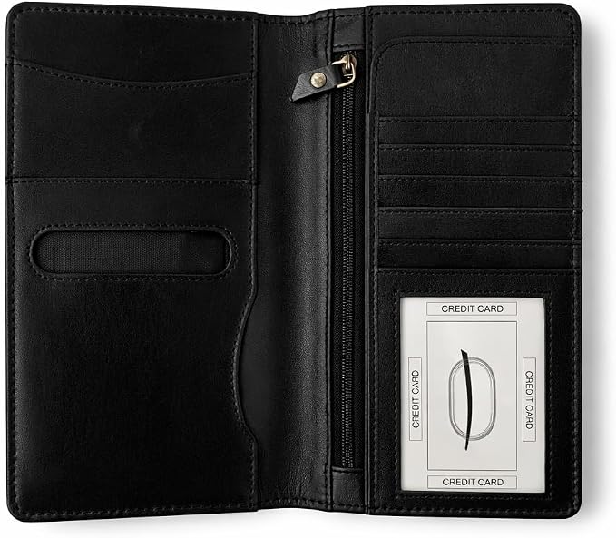 Black Leather Long Passport Wallet - Travel Document Organizer with Card Slots ID Window Zipper Pocket Slim Passport Holder for Travel & Everyday Use, 5 x 9