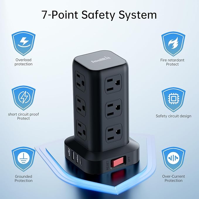 Extension Cord with Multiple Outlets, SMALLRT Surge Protector Power Strip Tower with USB Ports 12 AC Outlets, PD 20W USB C, 15FT Outlet Extender for Home Dorm, Office Supplies, Overload Protection