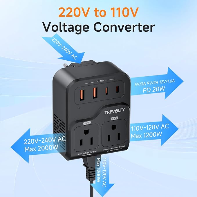 2000W Voltage Converter US to Europe, 220V to 110V Converter for Hair Dryer, 7-in-1 European Travel Plug Adapter with 3AC/2USB-A/2USB-C (PD20W), Travel Essentials