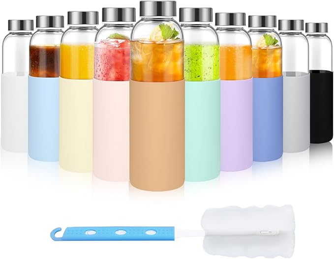 Luxfuel 18 oz Glass Bottles with Lids and Silicone Sleeve, Reusable Glass Juice Bottles with Stainless Steel Cap for Juicing, Refrigerator,100% Leak Proof, BPA Free,Glass Water Bottles Set of 10