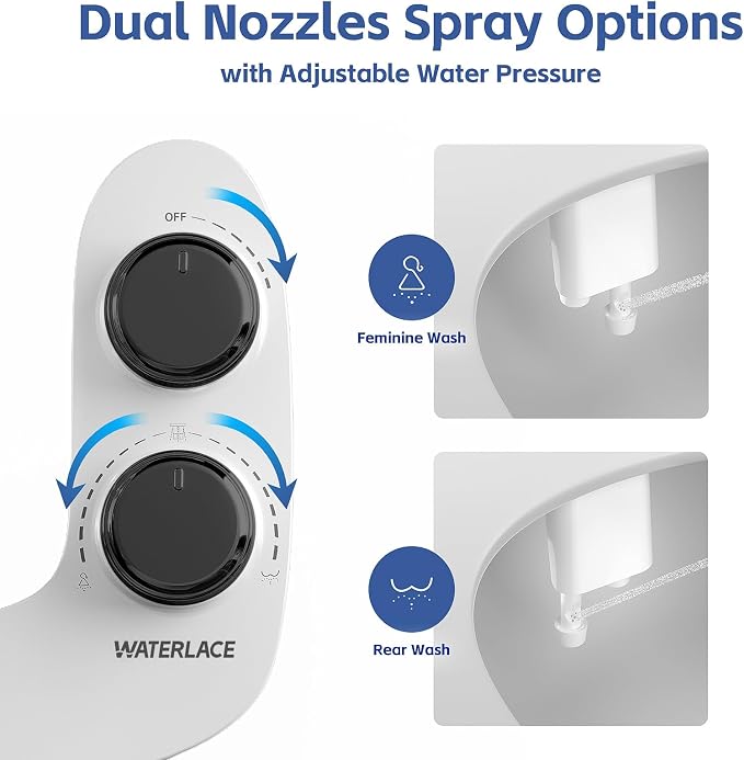 WATERLACE Bidet Attachment for Toilet Seat Water Pressure - Non Electric Bidets Self Cleaning Sprayer - Dual Nozzle Bidet Attachments Toilets Spray - Adjustable Bidets Wash Butt Cleaner for Bathroom